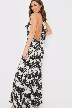 Best In the Style Floral Print Cowl Neck Maxi Dress Stone