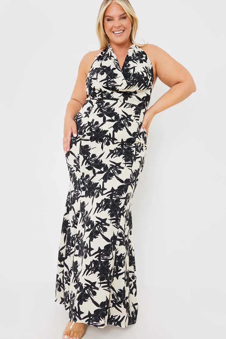 Best In the Style Floral Print Cowl Neck Maxi Dress Stone