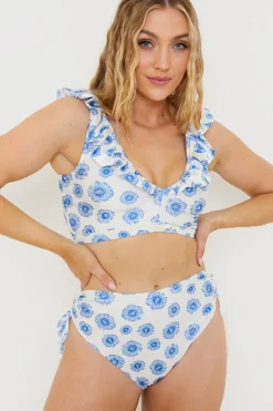 Online In the Style Floral Print High Waisted Bikini Bottoms With Ruched Sides Blue