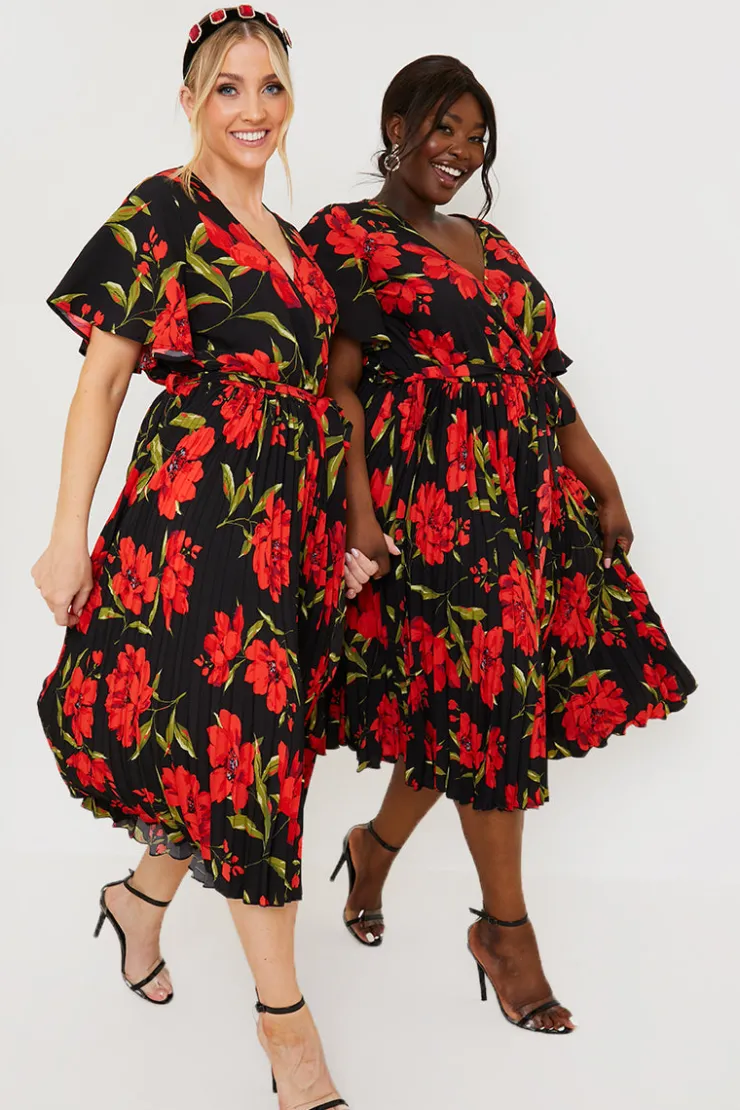Online In the Style Floral Print Pleated Wrap Midi Dress Black