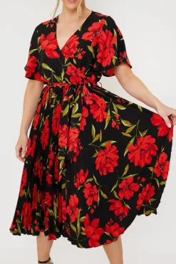 Online In the Style Floral Print Pleated Wrap Midi Dress Black