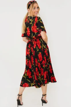 Online In the Style Floral Print Pleated Wrap Midi Dress Black