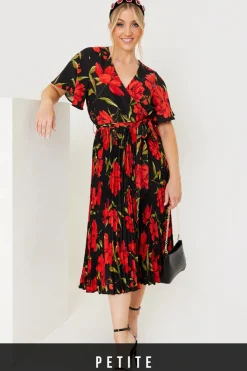 Online In the Style Floral Print Pleated Wrap Midi Dress Black