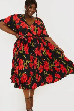 Online In the Style Floral Print Pleated Wrap Midi Dress Black