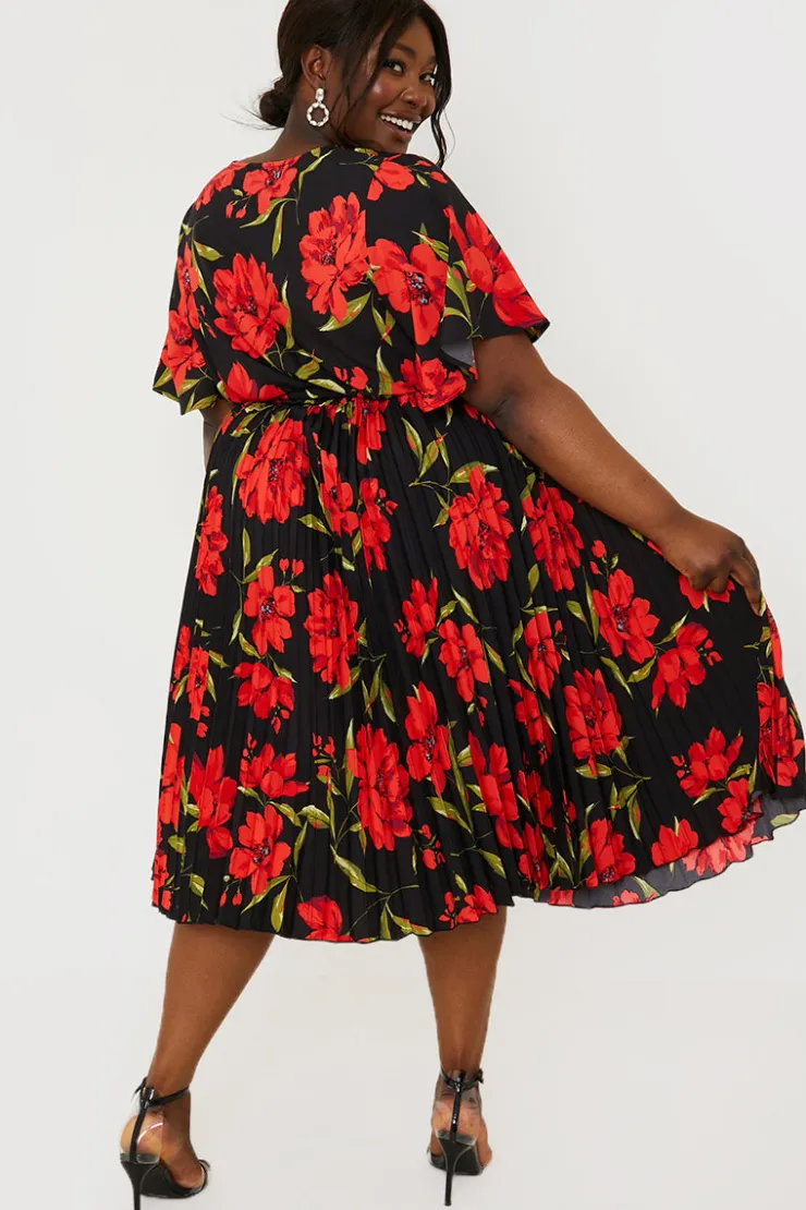 Online In the Style Floral Print Pleated Wrap Midi Dress Black