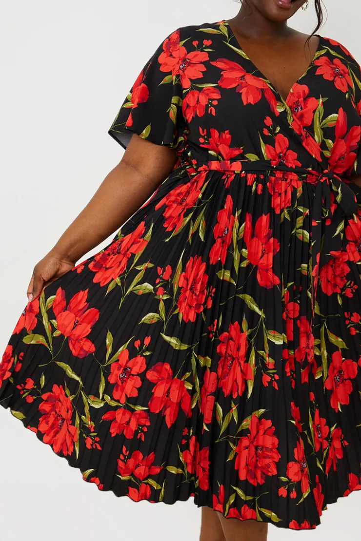 Online In the Style Floral Print Pleated Wrap Midi Dress Black