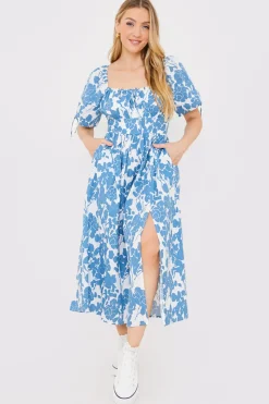 New In the Style Floral Print Puff Sleeve Sweetheart Midi Dress Blue
