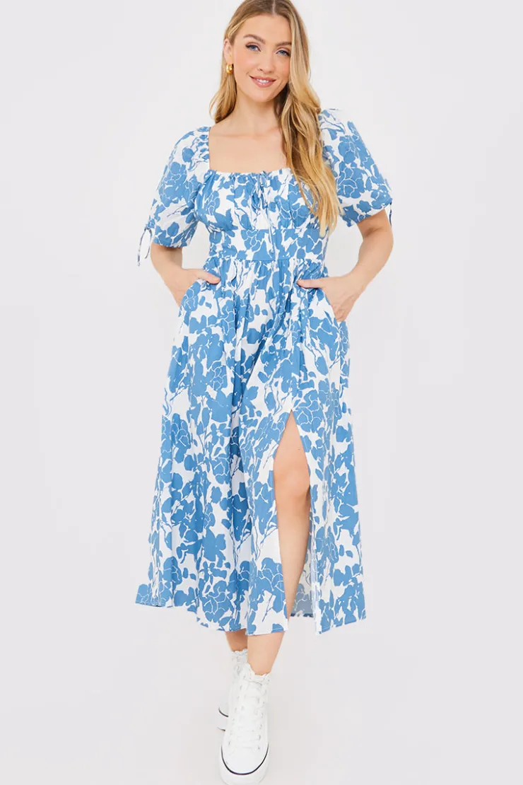 New In the Style Floral Print Puff Sleeve Sweetheart Midi Dress Blue