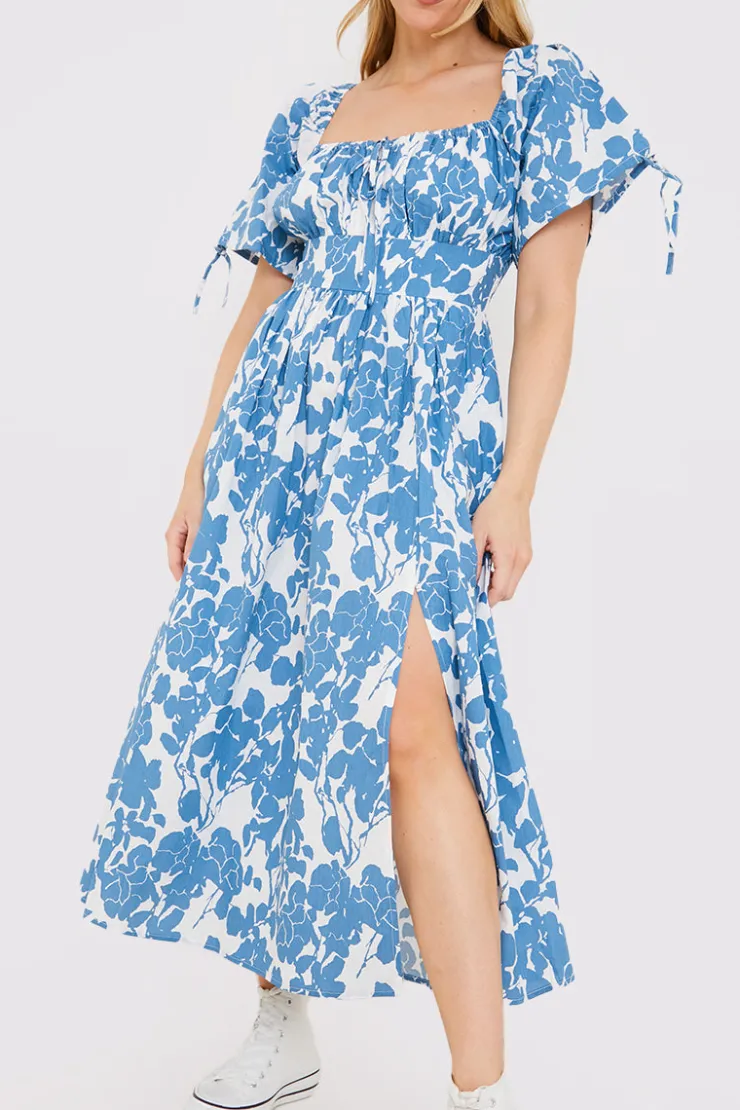 New In the Style Floral Print Puff Sleeve Sweetheart Midi Dress Blue