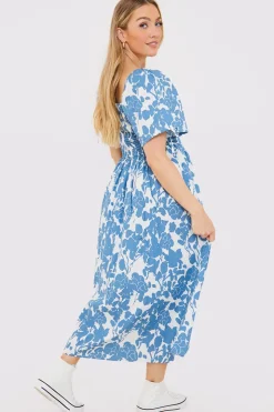 New In the Style Floral Print Puff Sleeve Sweetheart Midi Dress Blue