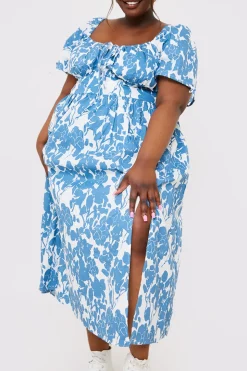 New In the Style Floral Print Puff Sleeve Sweetheart Midi Dress Blue
