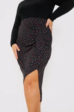 New In the Style Floral Print Ruched Midi Skirt Black