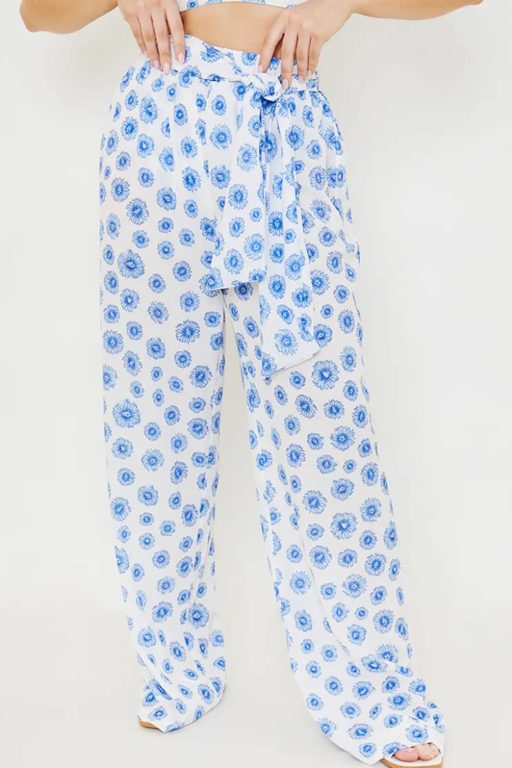 Discount In the Style Floral Print Tie Detail Wide Leg Trousers Blue