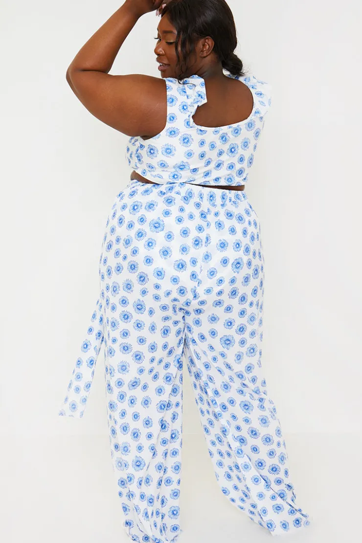 Discount In the Style Floral Print Tie Detail Wide Leg Trousers Blue
