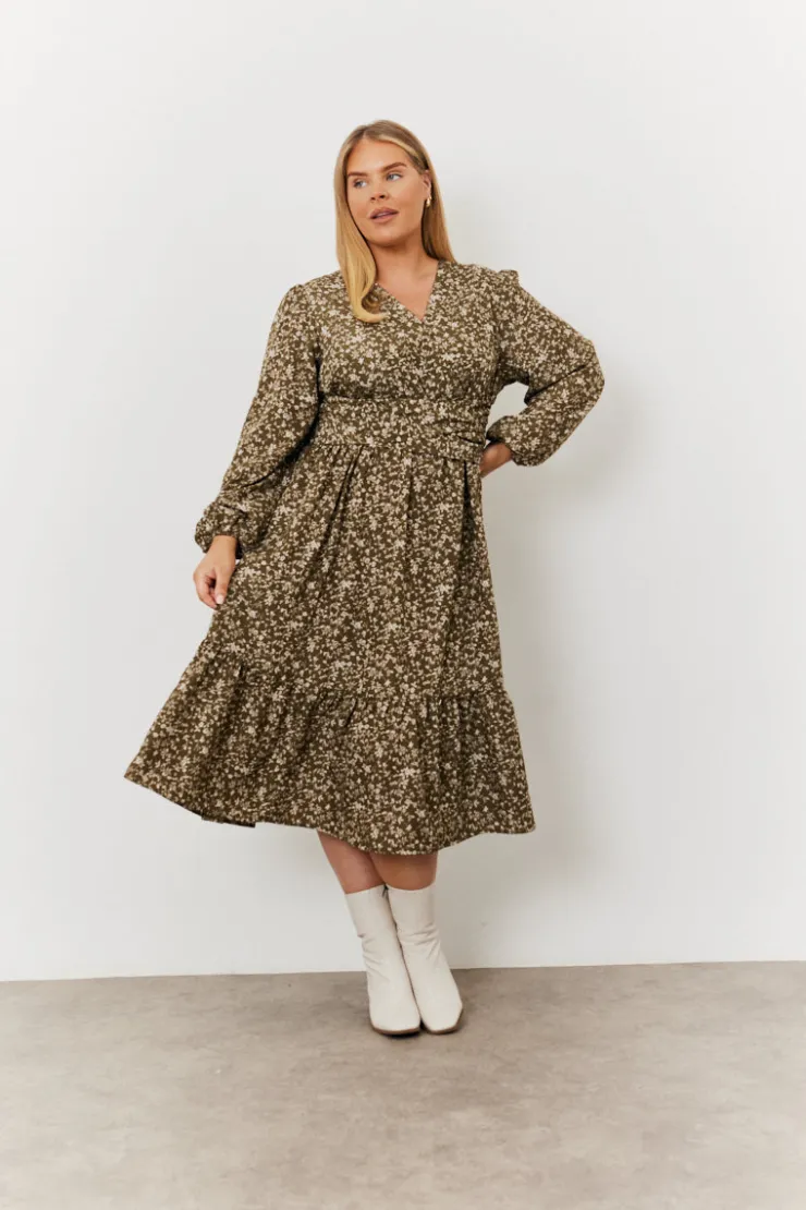 Hot In the Style Floral Print Wrap Front Belted Balloon Sleeve Midi Dress Green