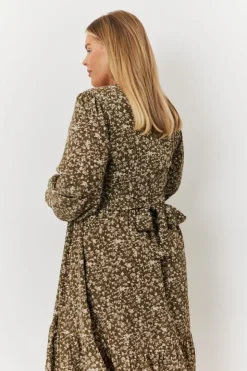 Hot In the Style Floral Print Wrap Front Belted Balloon Sleeve Midi Dress Green