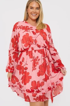 New In the Style Floral Printed Chiffon Frill Detail Balloon Sleeve Mini Dress Pink