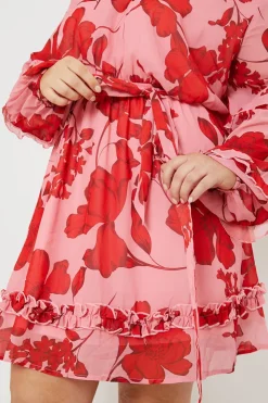 New In the Style Floral Printed Chiffon Frill Detail Balloon Sleeve Mini Dress Pink