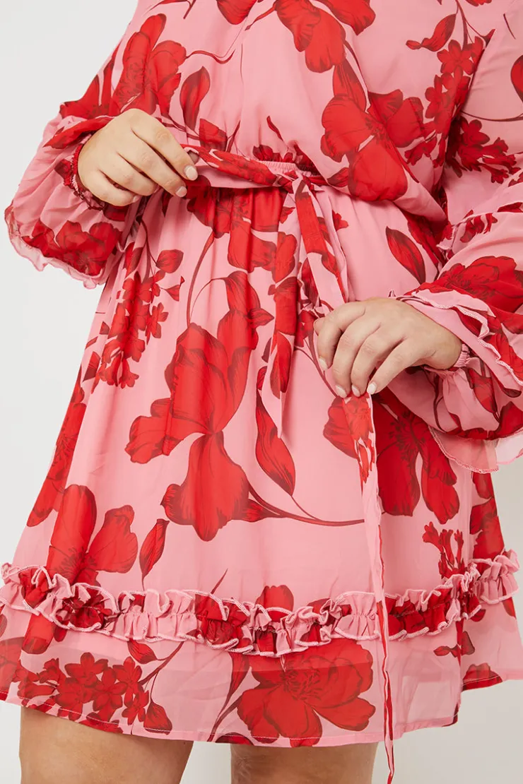 New In the Style Floral Printed Chiffon Frill Detail Balloon Sleeve Mini Dress Pink