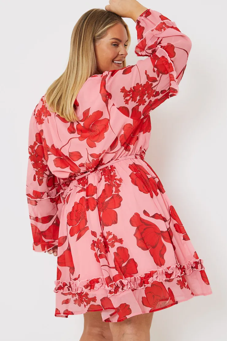 New In the Style Floral Printed Chiffon Frill Detail Balloon Sleeve Mini Dress Pink