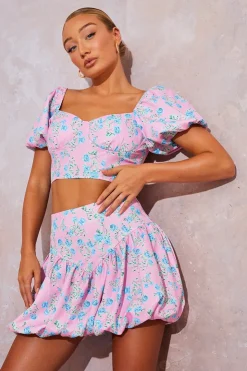 Discount In the Style Floral Puffball Hem Mini Skirt Pink