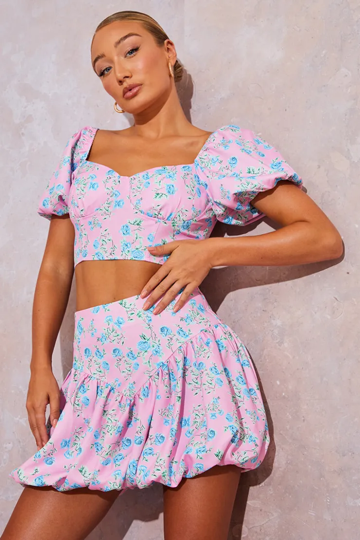 Discount In the Style Floral Puffball Hem Mini Skirt Pink