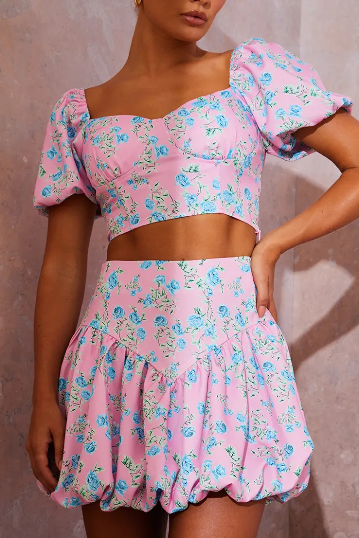 Discount In the Style Floral Puffball Hem Mini Skirt Pink
