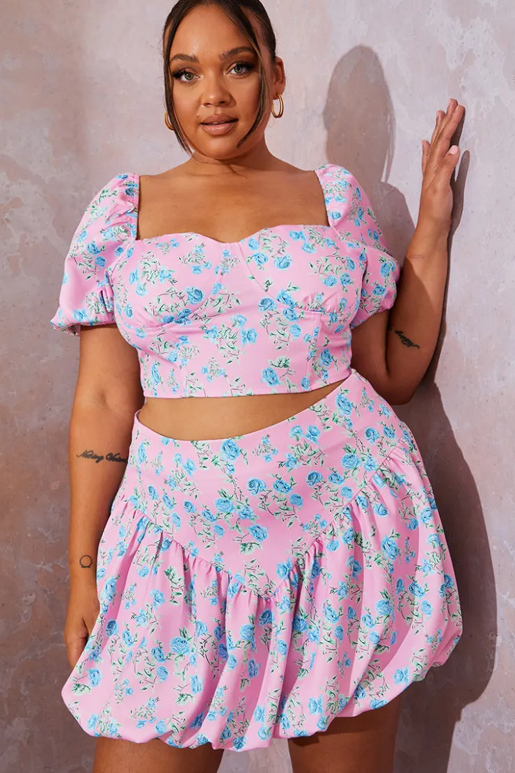 Discount In the Style Floral Puffball Hem Mini Skirt Pink