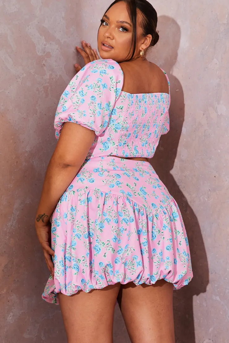 Discount In the Style Floral Puffball Hem Mini Skirt Pink