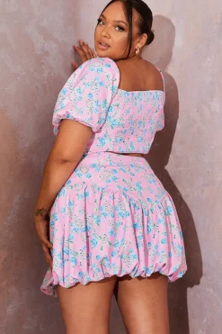 Discount In the Style Floral Puffball Hem Mini Skirt Pink