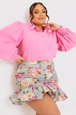 In the Style Floral Ruched Ruffle Hem Mini Skirt Grey