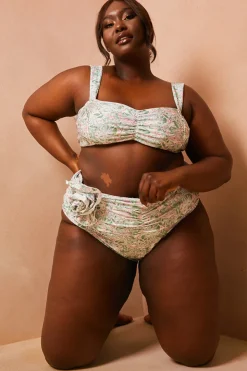 Best In The Style Floral So Perfect High Waisted Ruched Bikini Bottoms Green