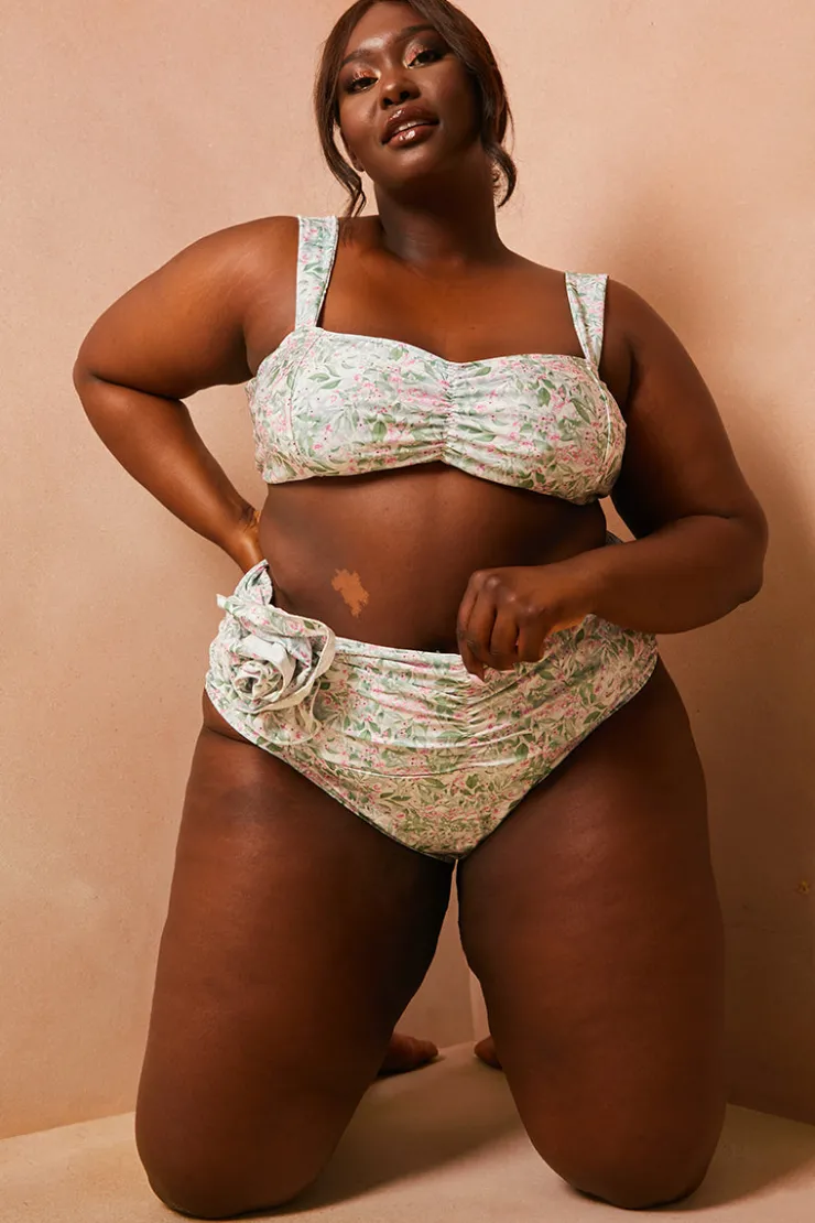 Best In The Style Floral So Perfect High Waisted Ruched Bikini Bottoms Green