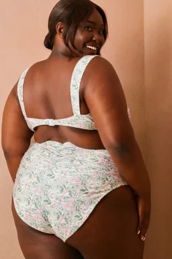 Best In The Style Floral So Perfect High Waisted Ruched Bikini Bottoms Green