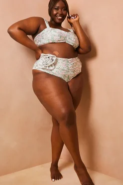 Best In The Style Floral So Perfect High Waisted Ruched Bikini Bottoms Green