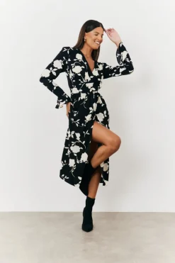 In The Style Floral Tie Wrap Detail Midi Dress Black