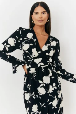 In The Style Floral Tie Wrap Detail Midi Dress Black
