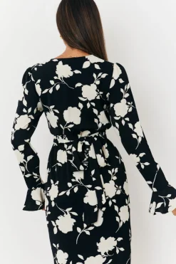 In The Style Floral Tie Wrap Detail Midi Dress Black