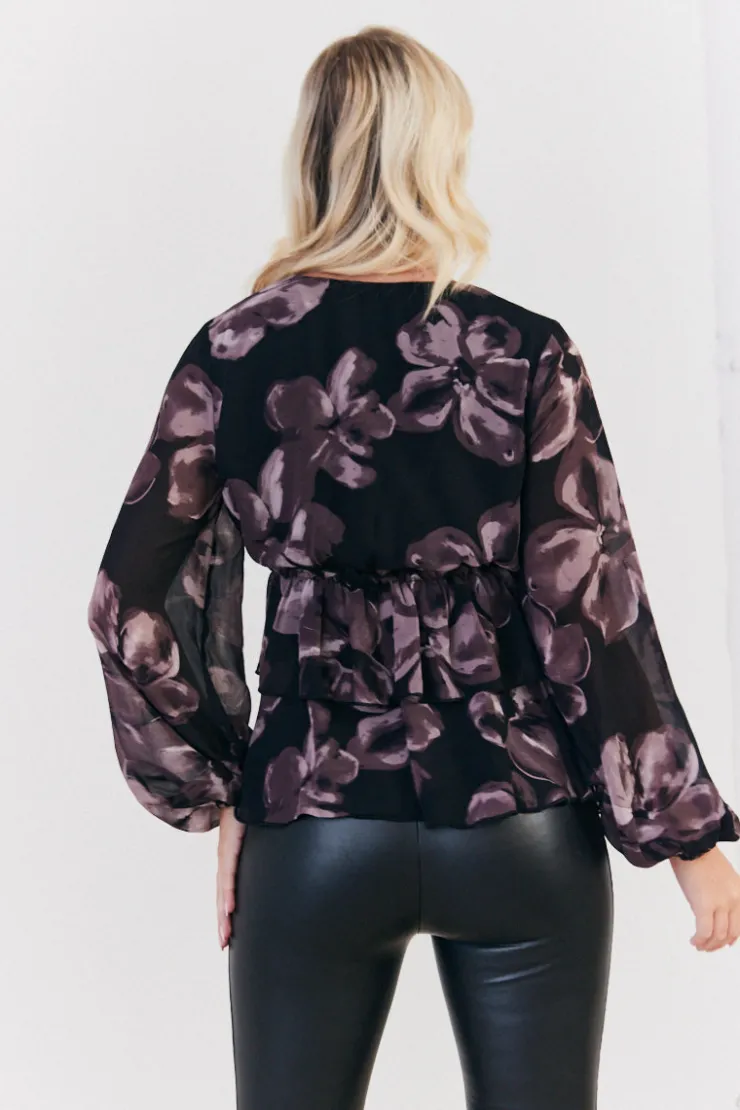 Sale In The Style Floral V Neck Frill Detail Blouse Brown