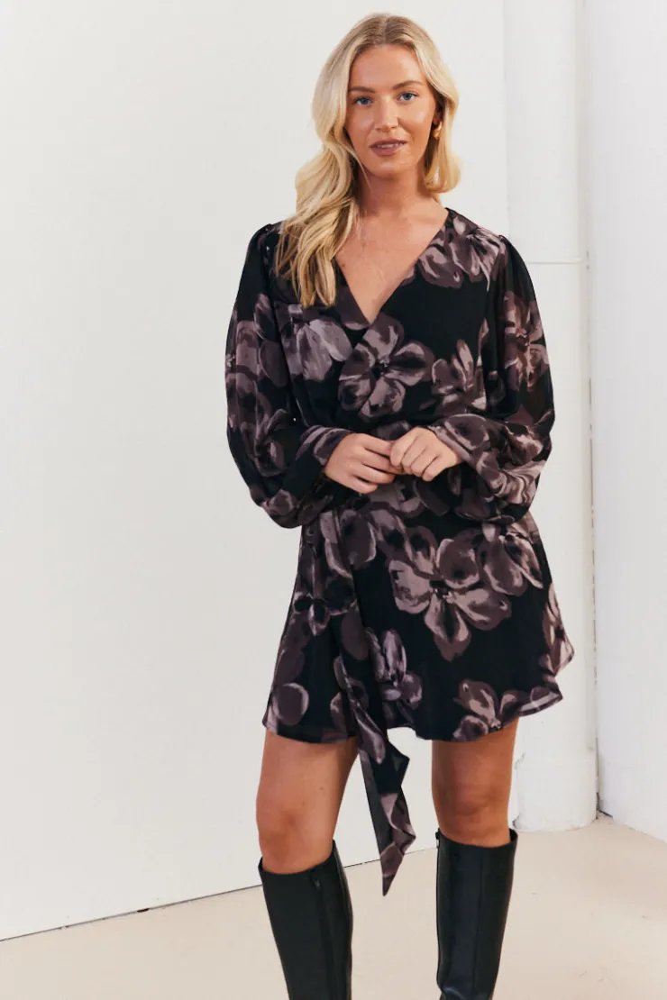 Discount In The Style Floral Wrap Front Detail Skater Dress Brown