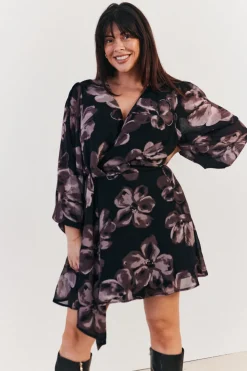 Discount In The Style Floral Wrap Front Detail Skater Dress Brown