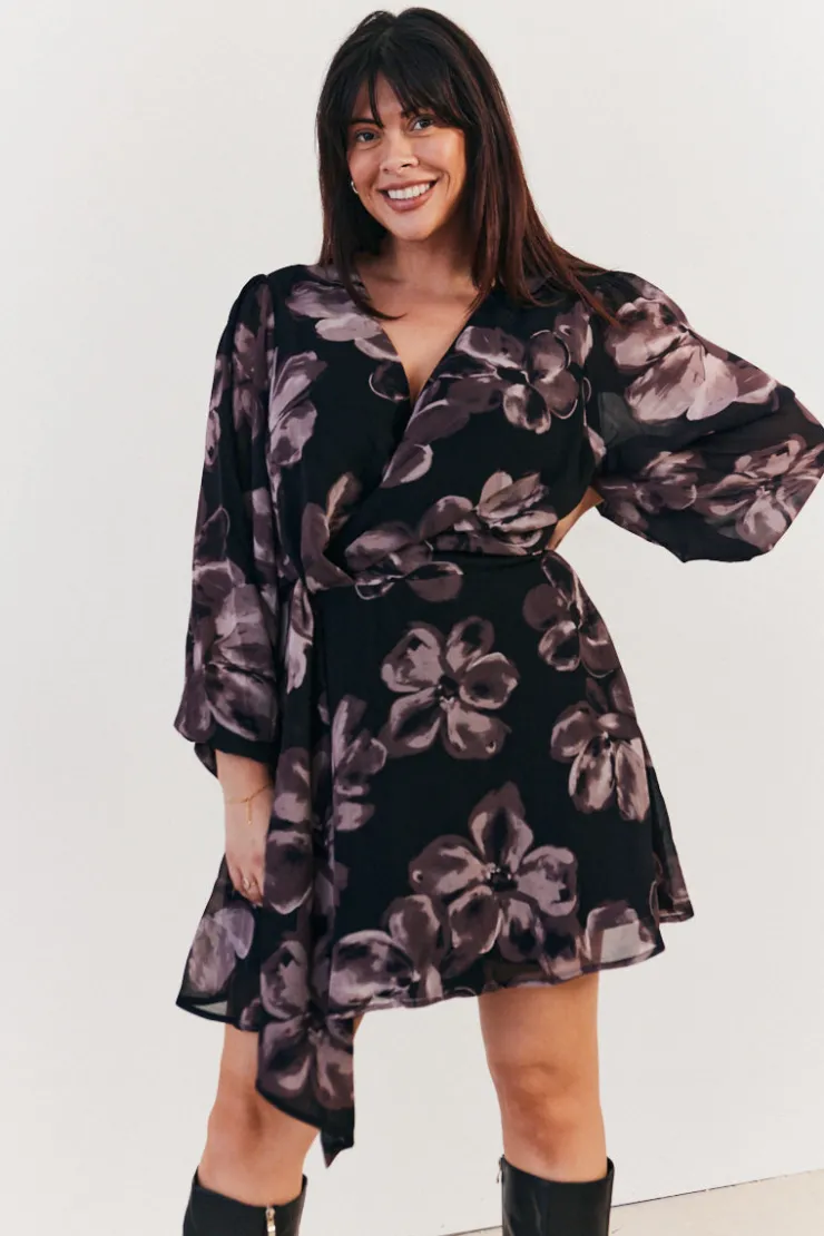 Discount In The Style Floral Wrap Front Detail Skater Dress Brown