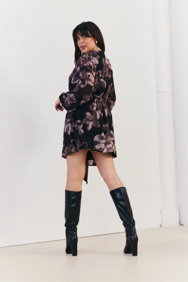 Discount In The Style Floral Wrap Front Detail Skater Dress Brown