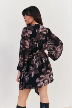 Discount In The Style Floral Wrap Front Detail Skater Dress Brown