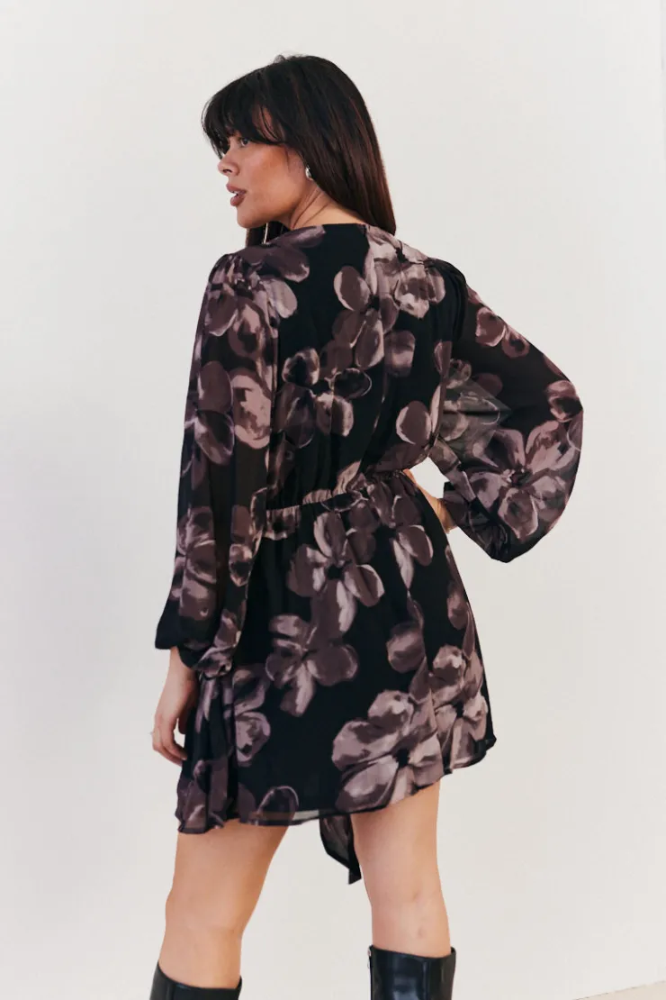 Discount In The Style Floral Wrap Front Detail Skater Dress Brown