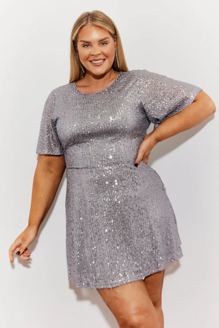 Clearance In the Style Flutter Sleeve Cowl Back Sequin Mini Dress Silver