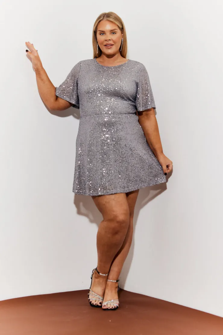 Clearance In the Style Flutter Sleeve Cowl Back Sequin Mini Dress Silver