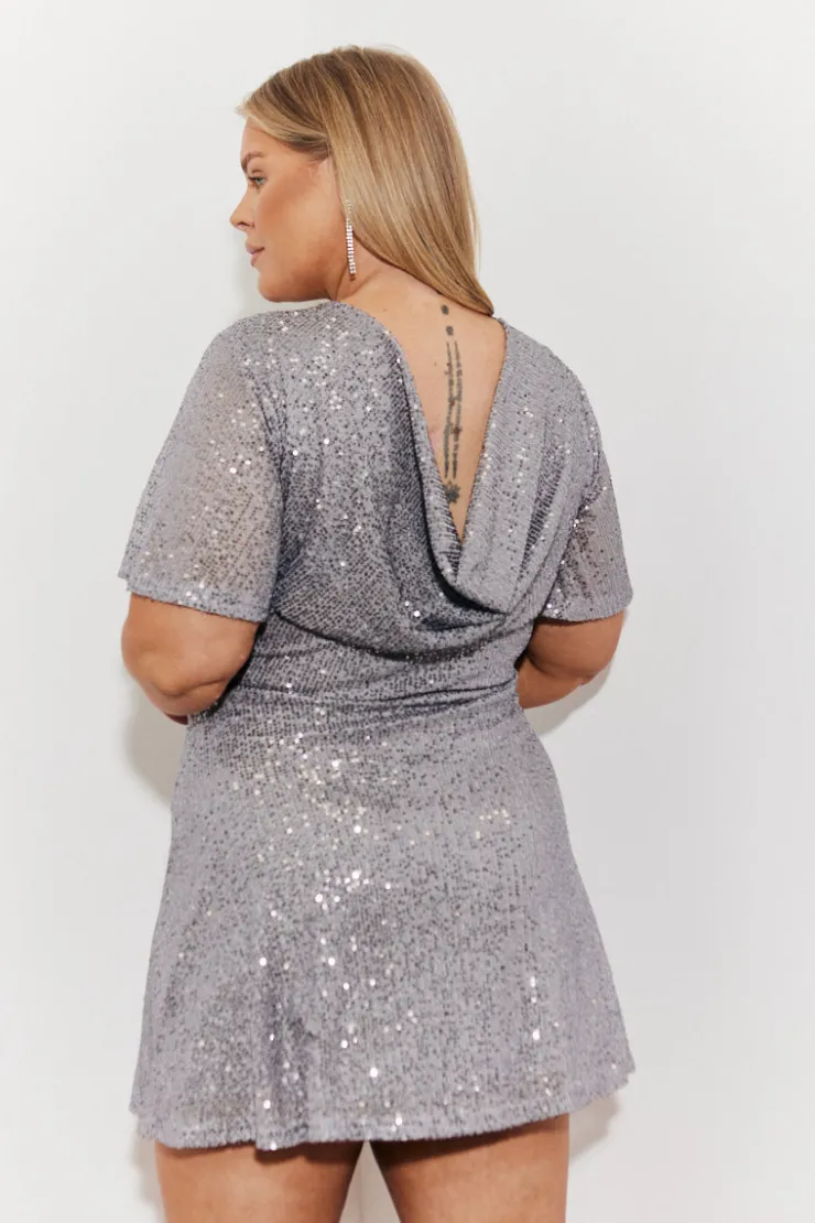 Clearance In the Style Flutter Sleeve Cowl Back Sequin Mini Dress Silver