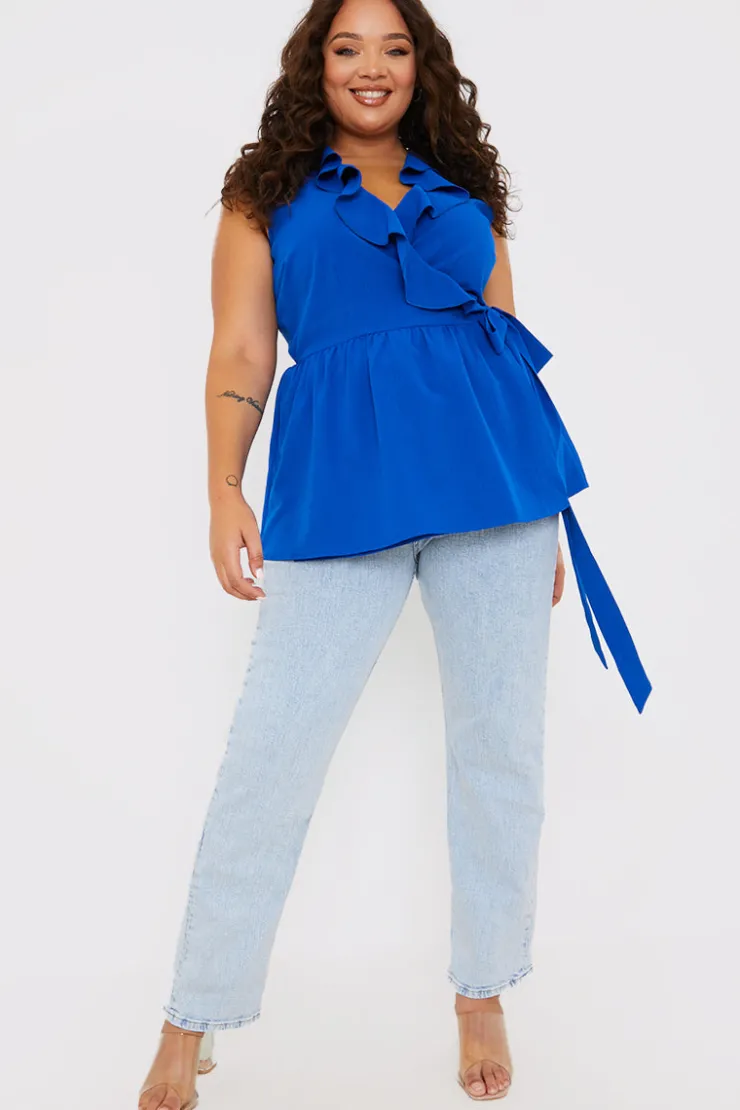 Sale In the Style Frill Wrap Top Blue