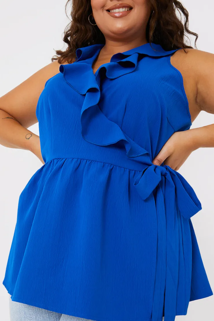 Sale In the Style Frill Wrap Top Blue